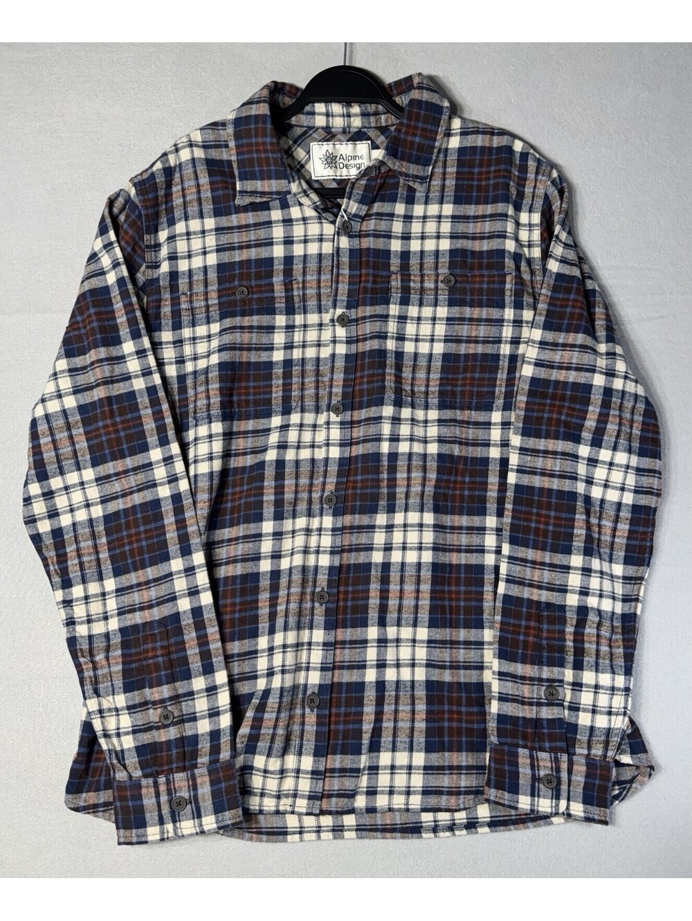 NWT Alpine Design Midweight Flannel Shirt Cream Navy Red Plaid LS Men's L NWT